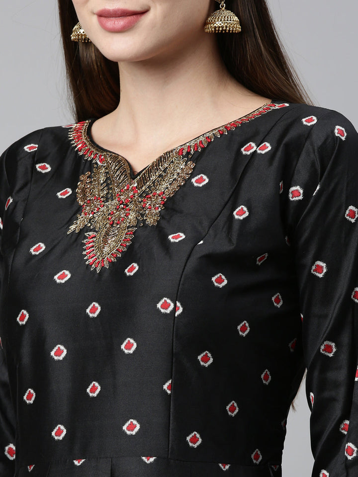 Neerus Black raw silk embroidered anarkali suit set - detail view 2