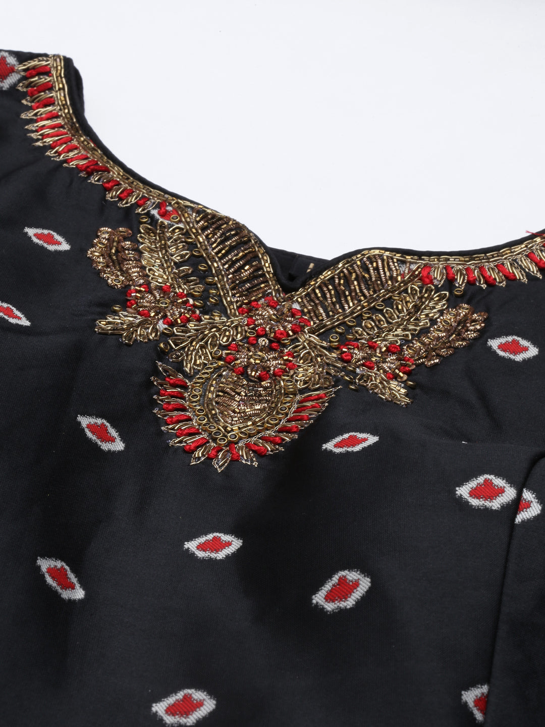 Neerus Black raw silk embroidered anarkali suit set - detail view 7