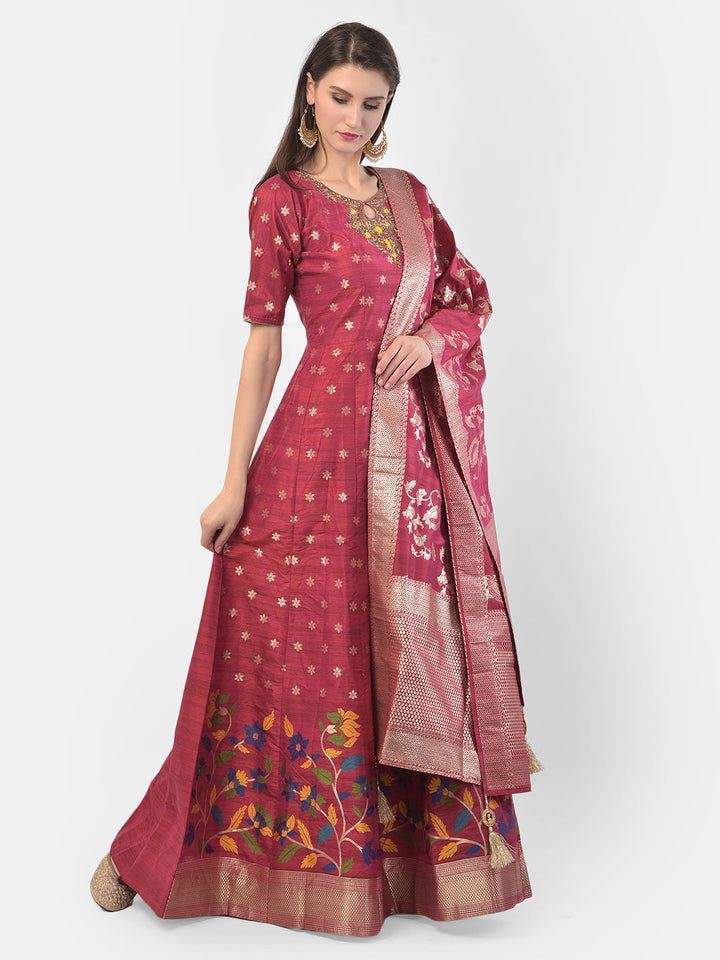Neerus Pink silk embroidered anarkali suit set - back view