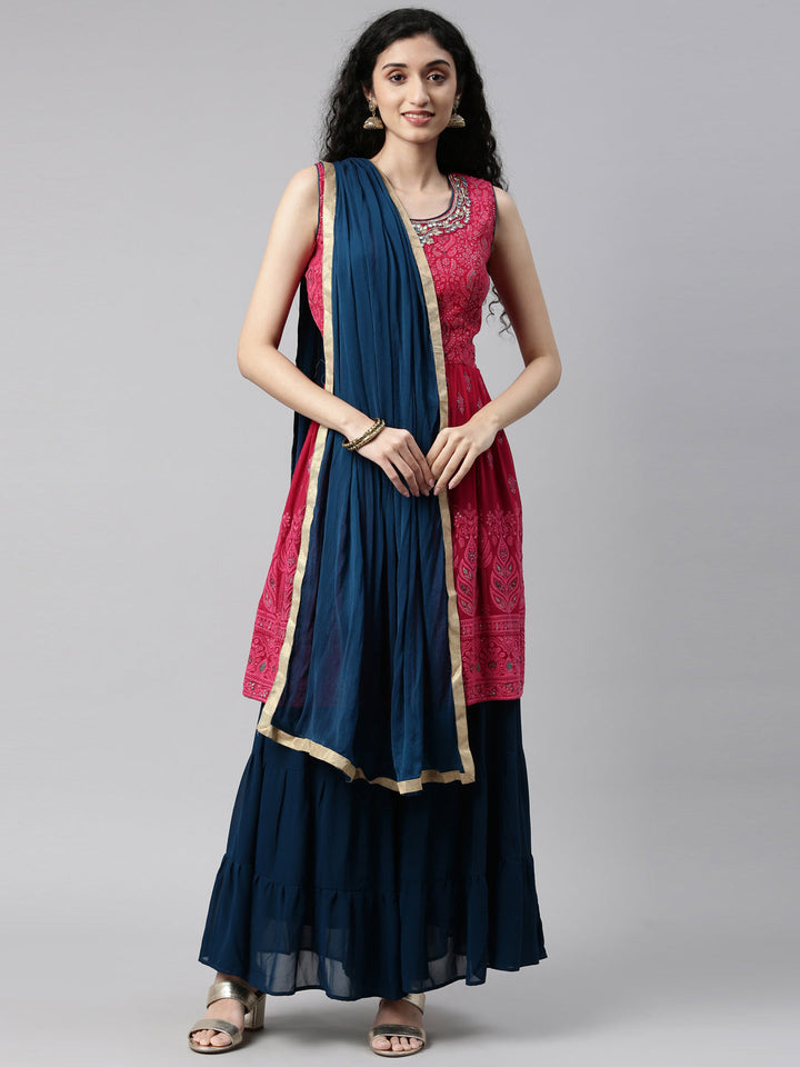 Neerus Pink georgette kurta set - front view