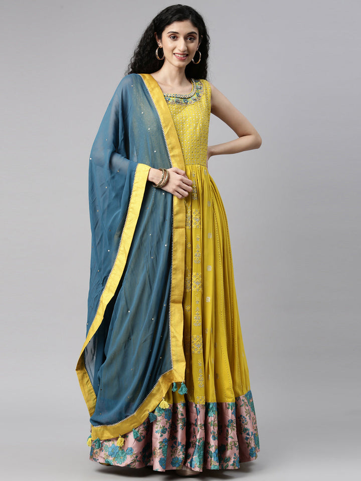 Neerus Yellow Georgette Kurta Set - front view