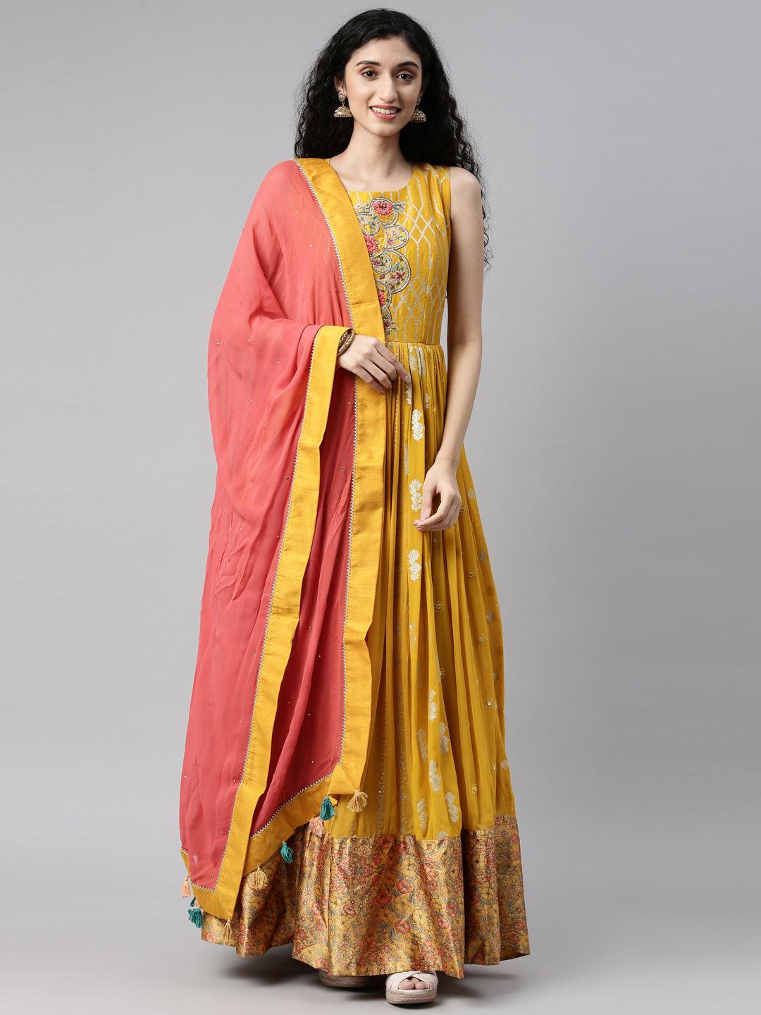 Neerus Yellow georgette solid kurta set - front view