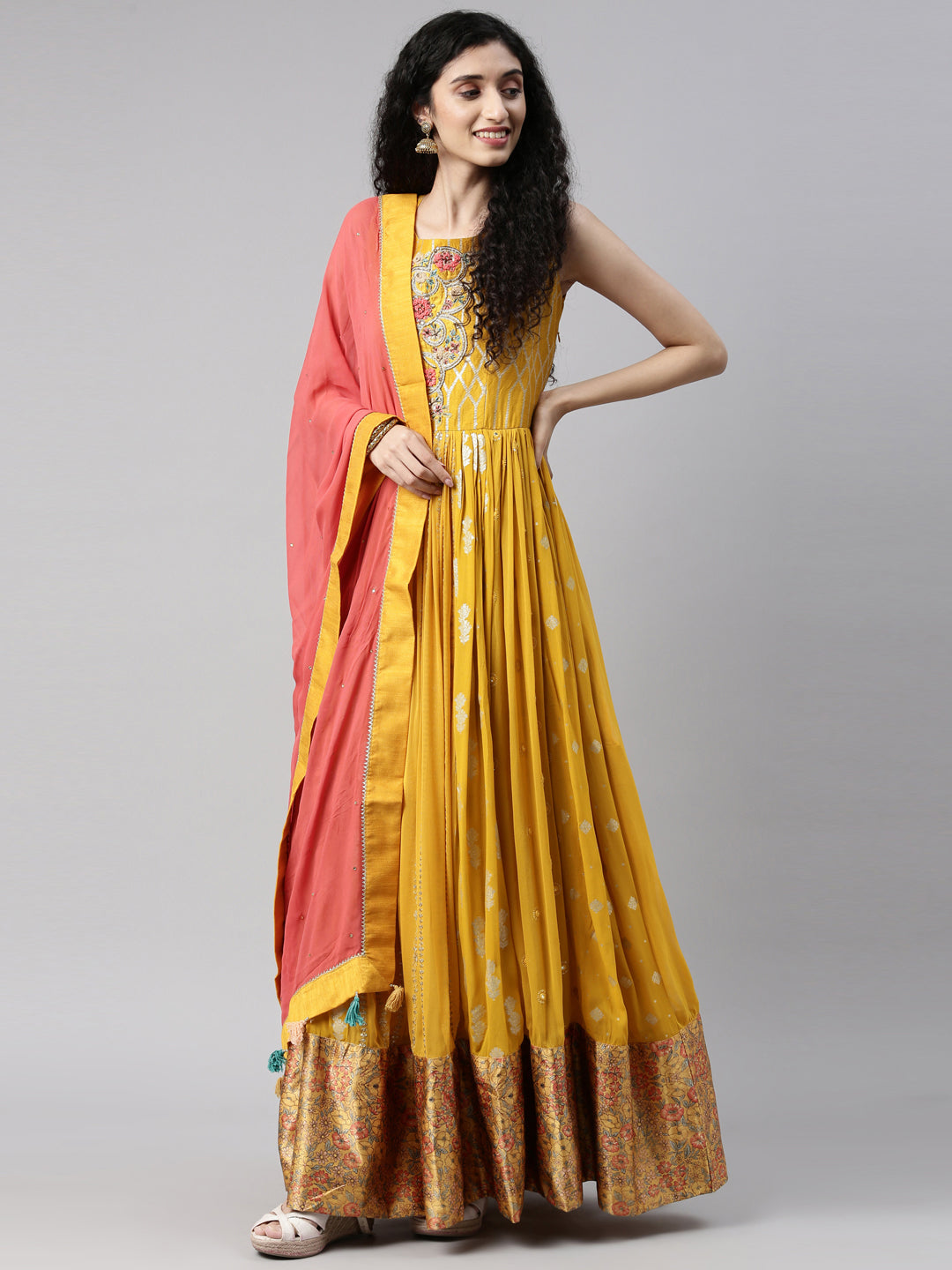 Neerus Yellow georgette solid kurta set - detail view 6