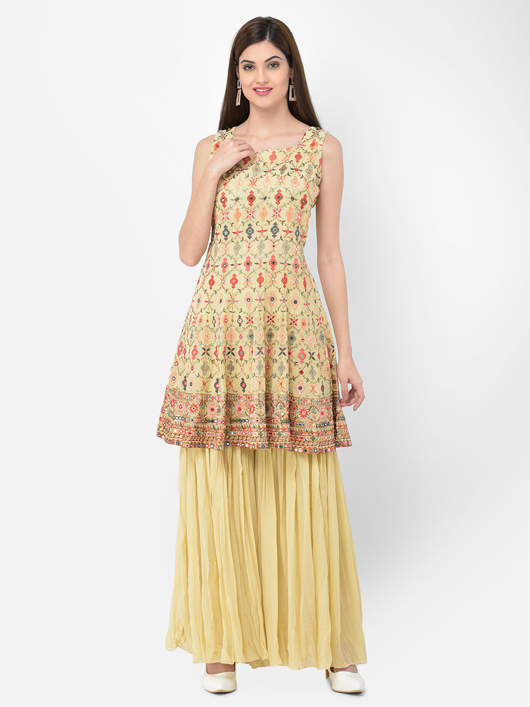 Neerus Beige georgette embroidered anarkali suit set - front view