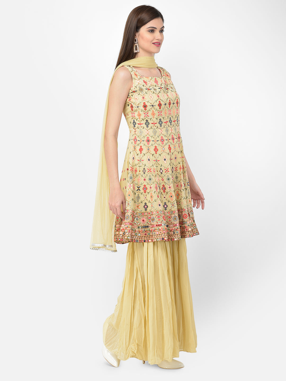 Neerus Beige georgette embroidered anarkali suit set - detail view 2