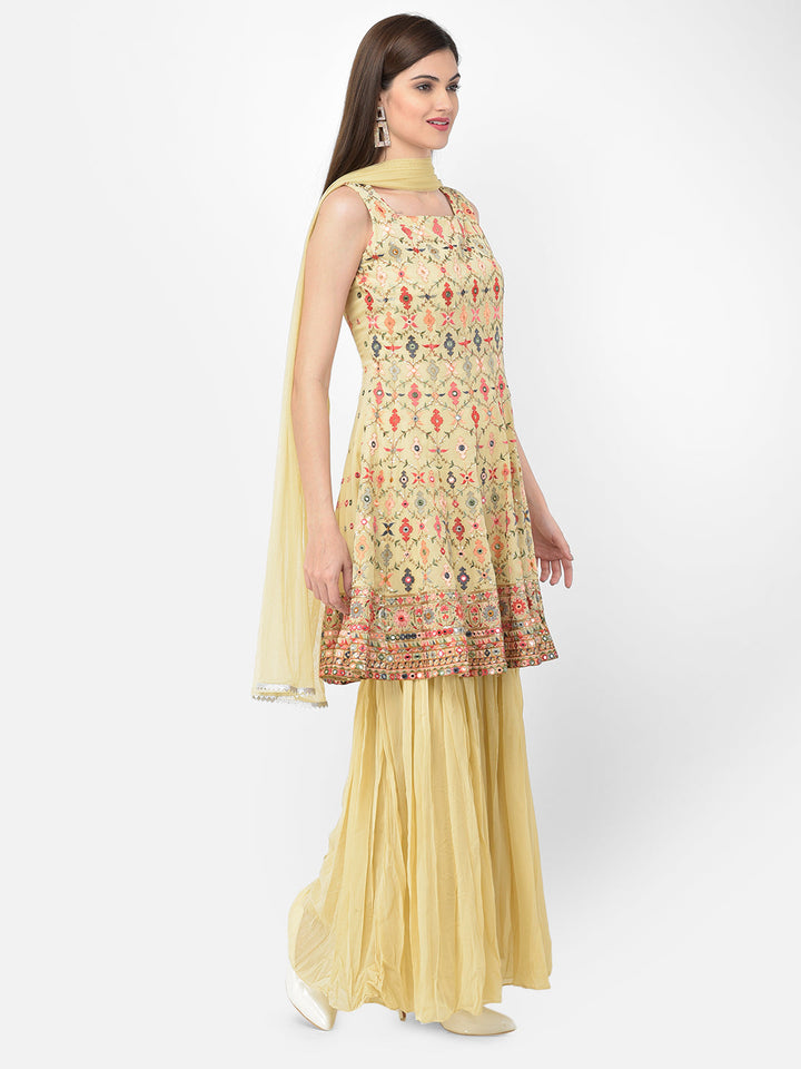 Neerus Beige georgette embroidered anarkali suit set - detail view 2