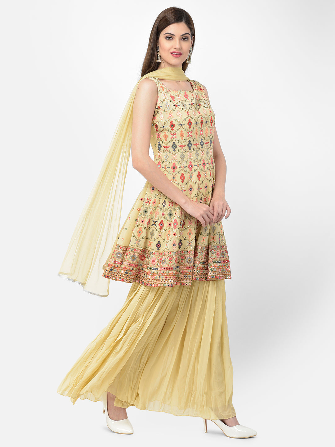 Neerus Beige georgette embroidered anarkali suit set - detail view 3