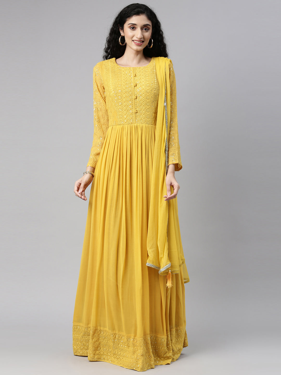 Neerus Yellow georgette thread embroidered anarkali gown - detail view 16
