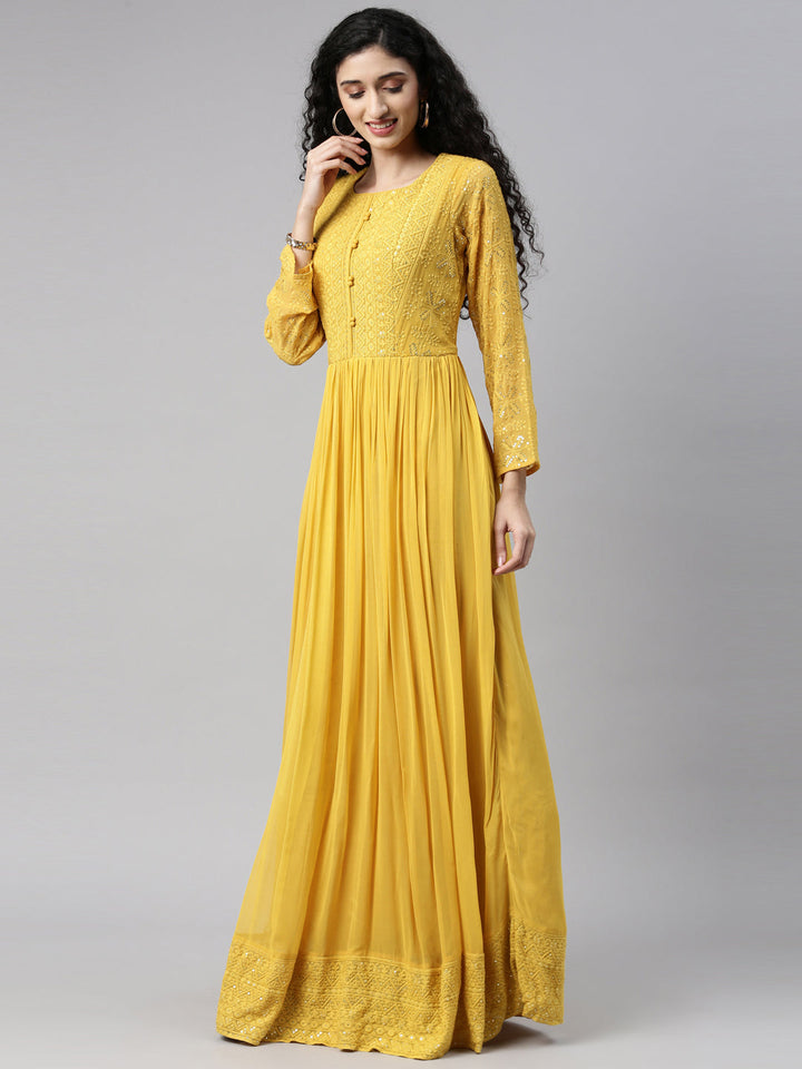 Neerus Mustard Color Georgette Fabric Gown