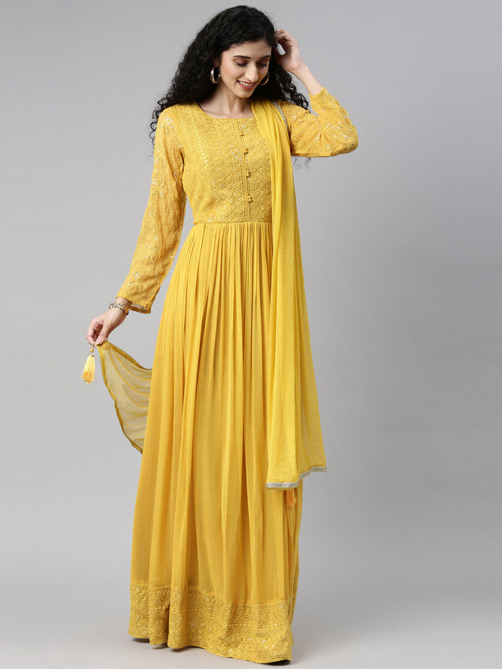 Neerus Mustard Color Georgette Fabric Gown