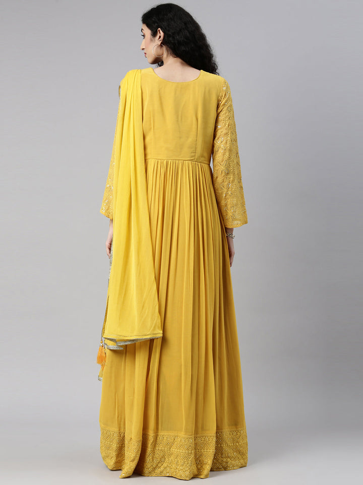 Neerus Yellow georgette thread embroidered anarkali gown - detail view 21