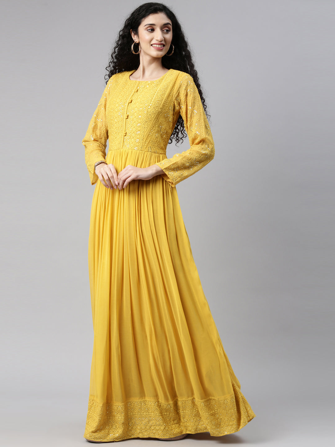 Neerus Yellow georgette thread embroidered anarkali gown - detail view 22
