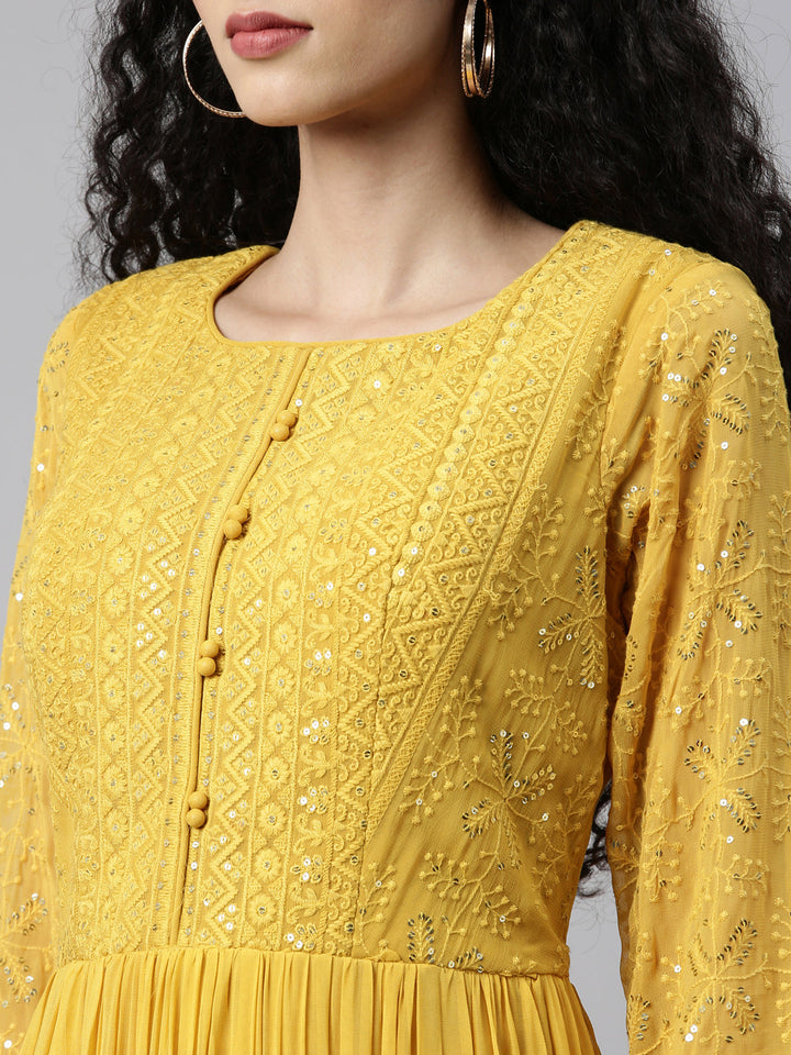 Neerus Yellow georgette thread embroidered anarkali gown - detail view 6