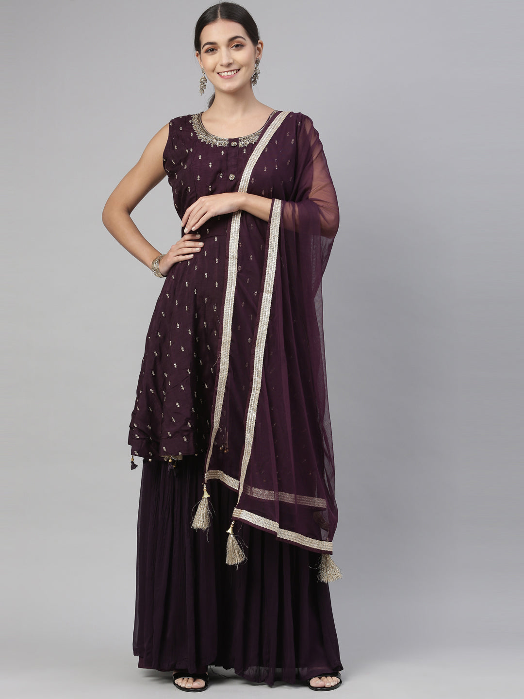 Neerus Maroon silk kurta set - front view