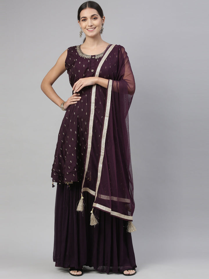 Neerus Maroon silk kurta set - front view