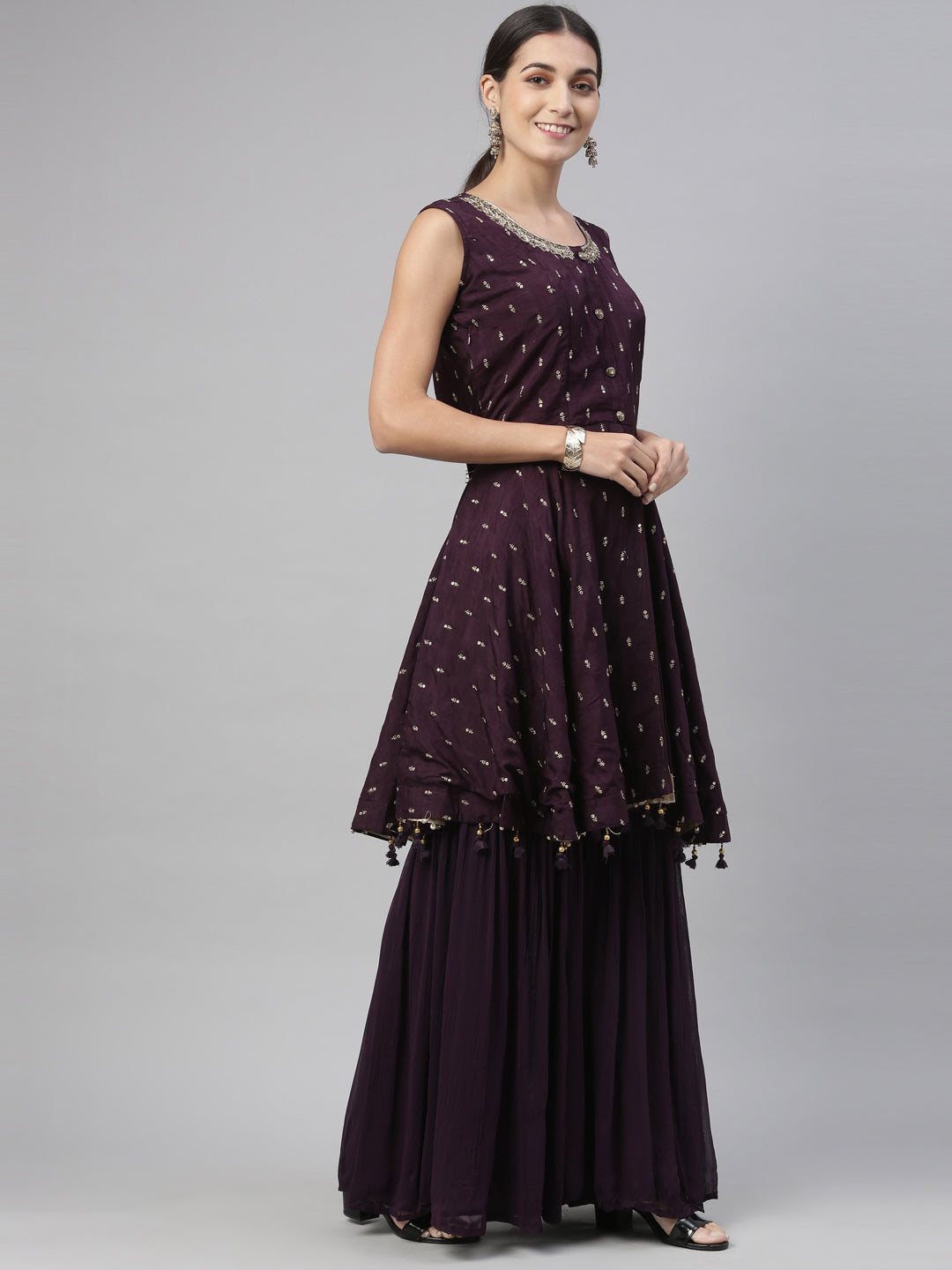 Neerus Maroon silk kurta set - back view
