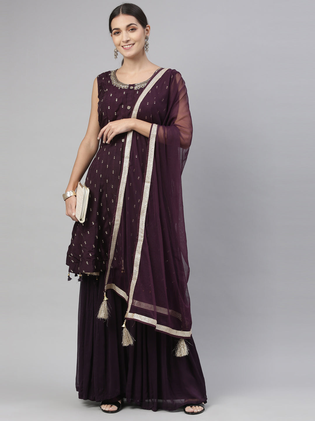 Neerus Maroon silk kurta set - side view