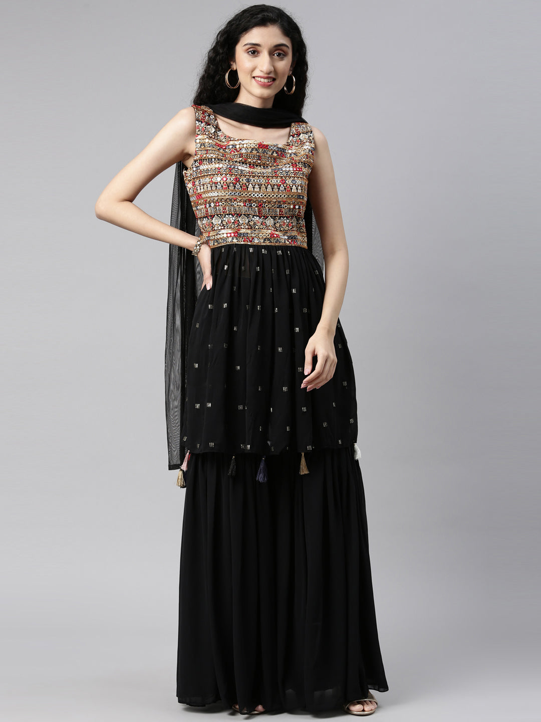 Neerus Black Georgette Kurta Set - front view