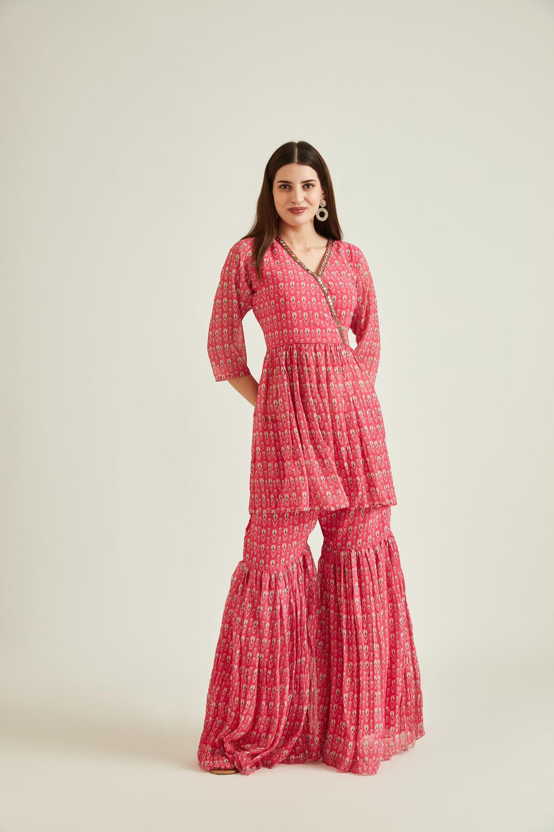 Neerus Pink georgette embellished kurta set - detail view 1
