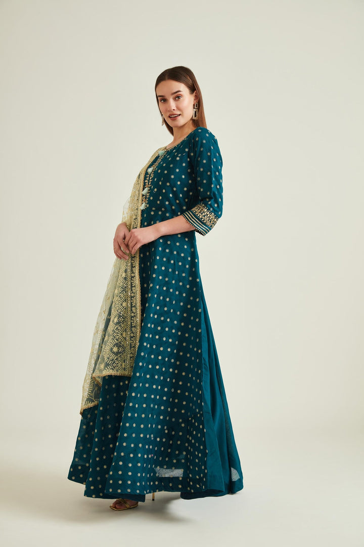 Neerus Blue silk mirror work anarkali kurta set - front view