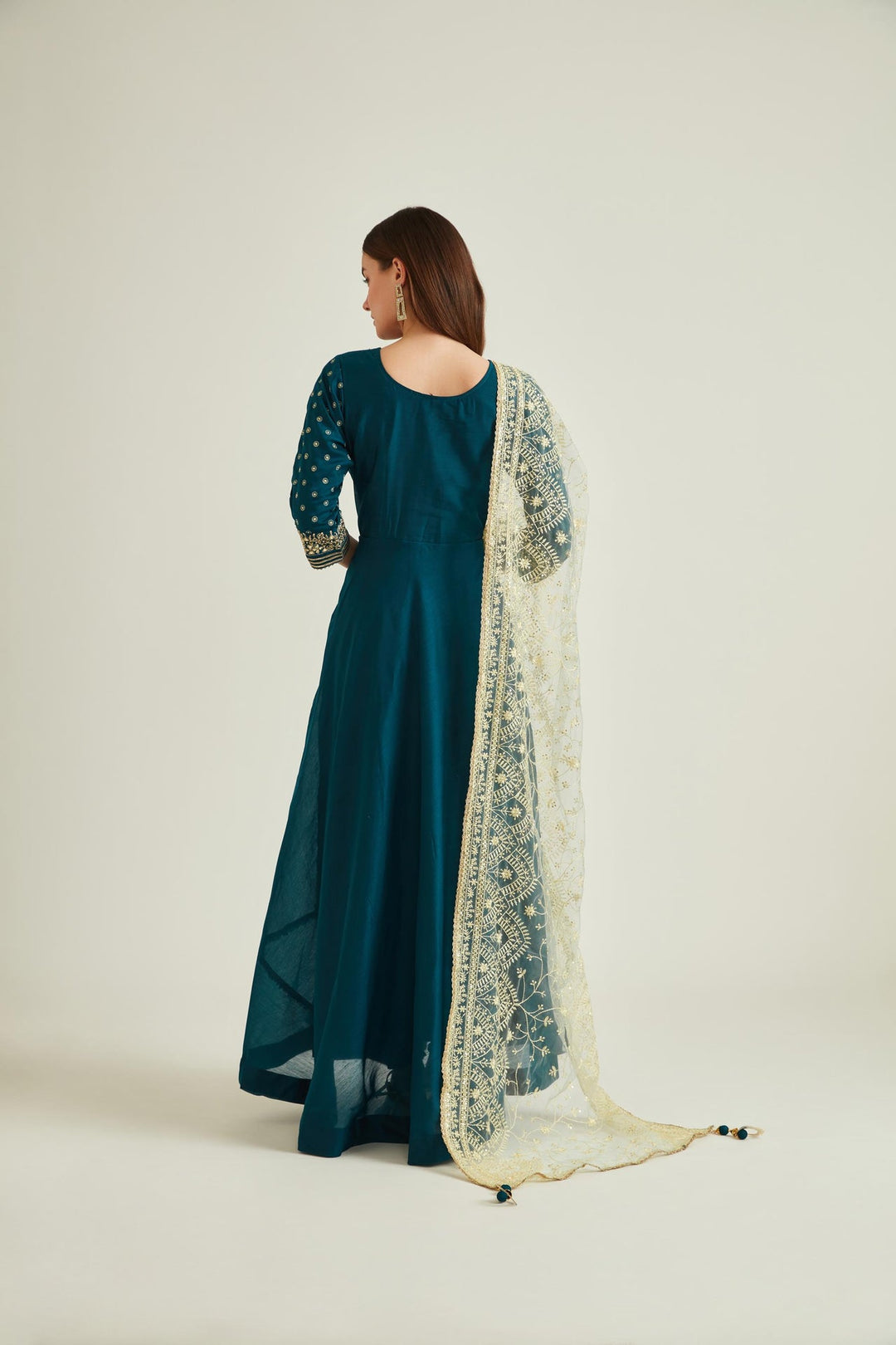 Neerus Blue silk mirror work anarkali kurta set - back view