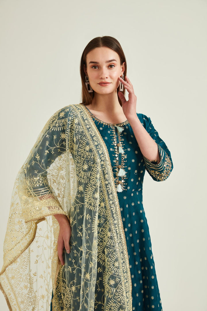 Neerus Blue silk mirror work anarkali kurta set - side view