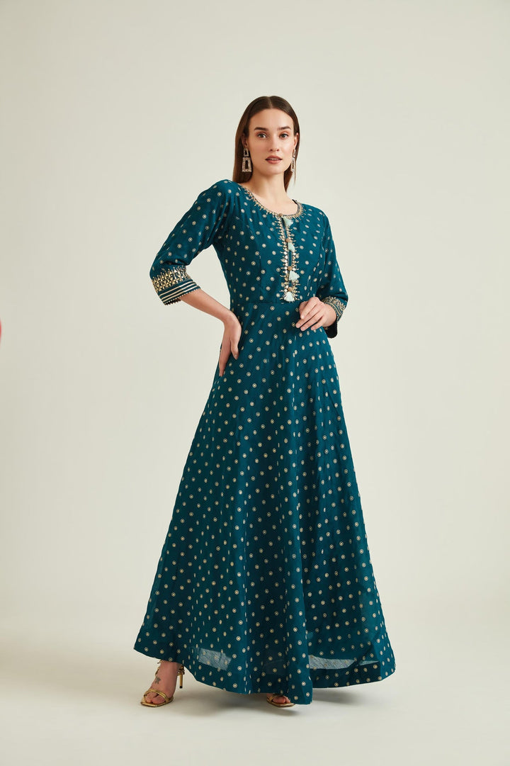 Neerus Blue silk mirror work anarkali kurta set - detail view 1