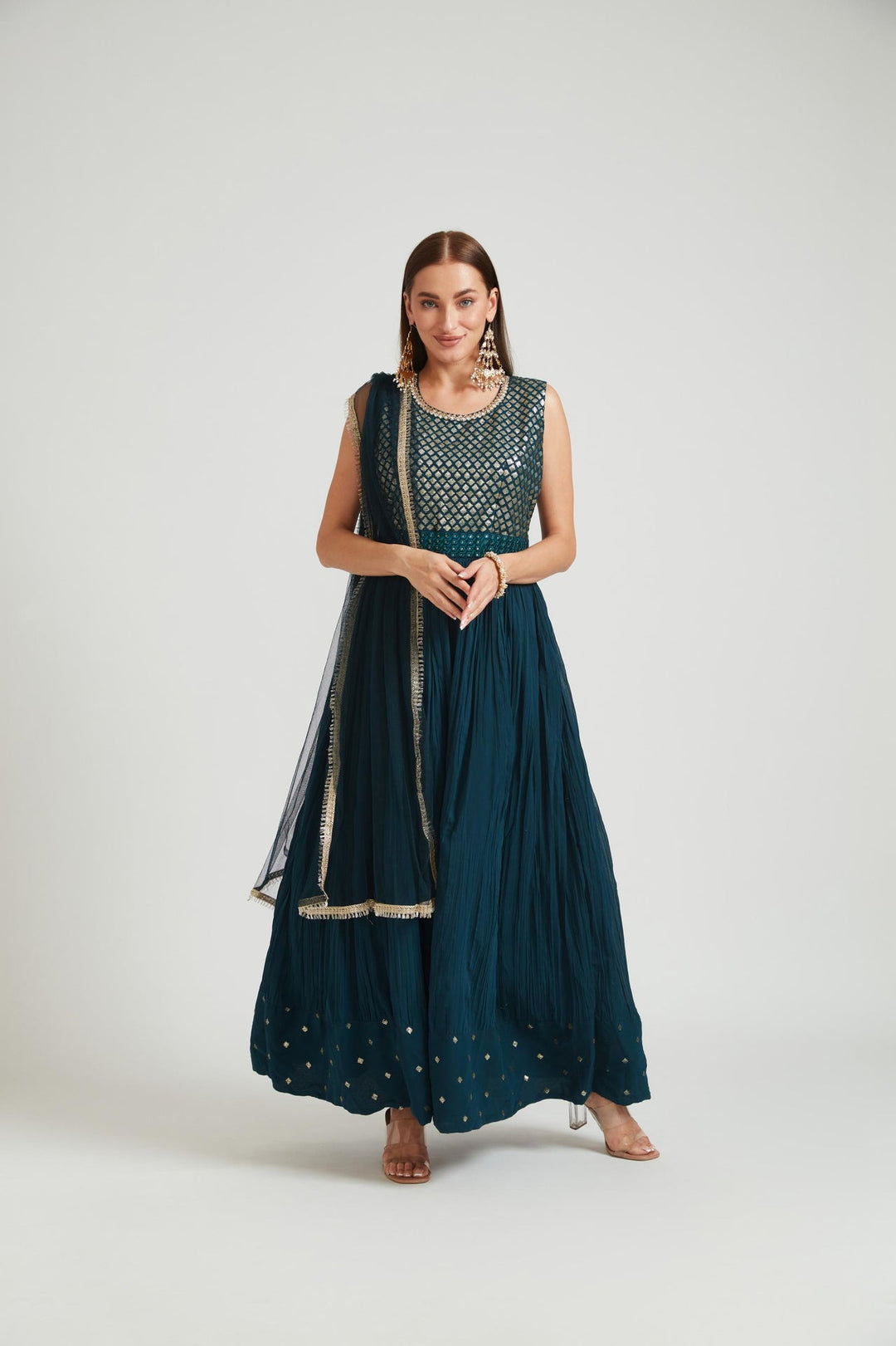 Neerus Blue Georgette Embellished Anarkali Suit Set - front view
