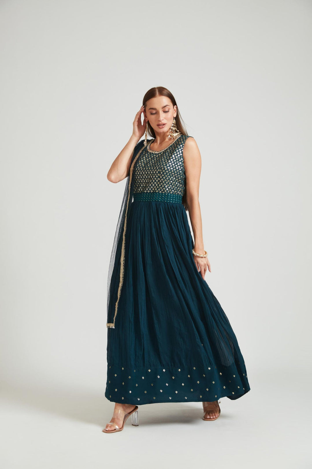 Neerus Blue Georgette Embellished Anarkali Suit Set - back view