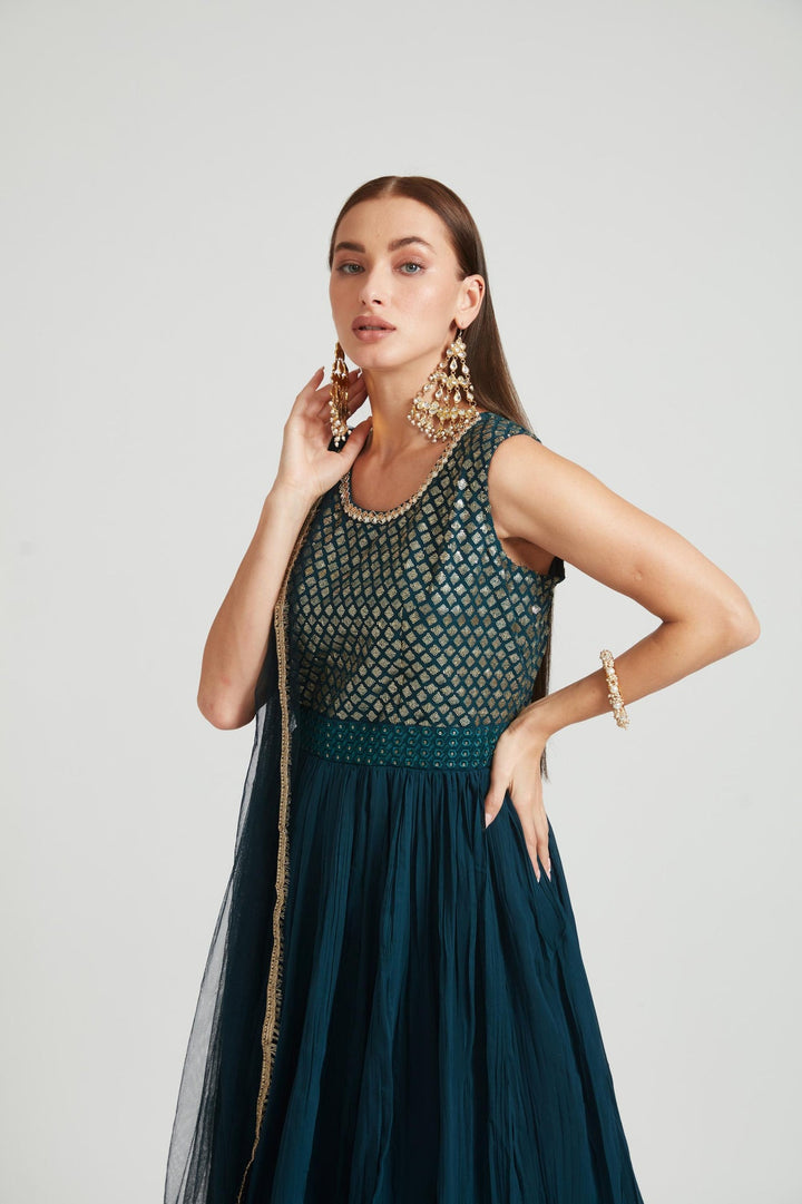 Neerus Blue Georgette Embellished Anarkali Suit Set - detail view 4
