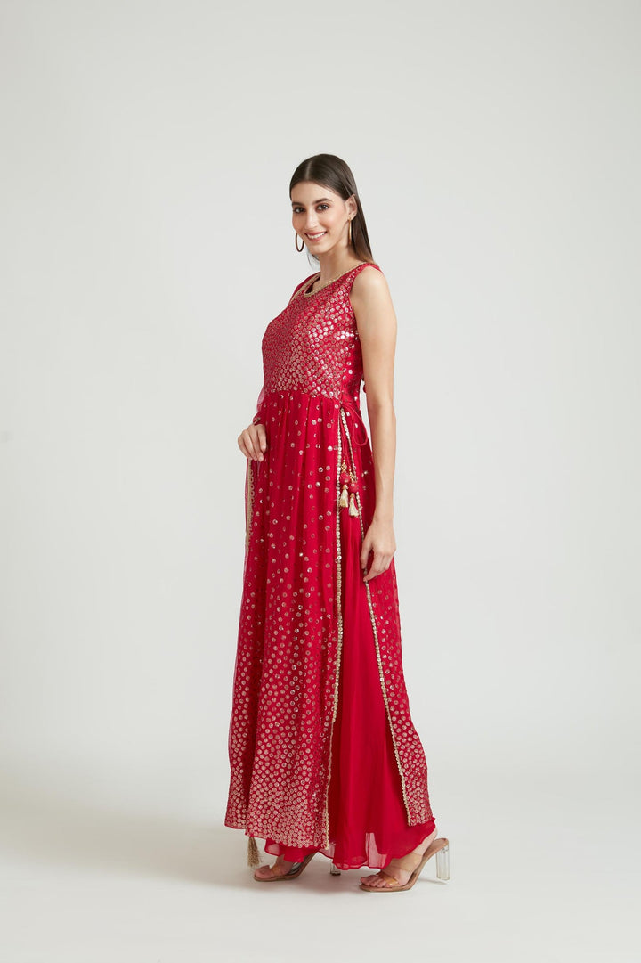 Neerus Pink georgette embroidered suit set - front view