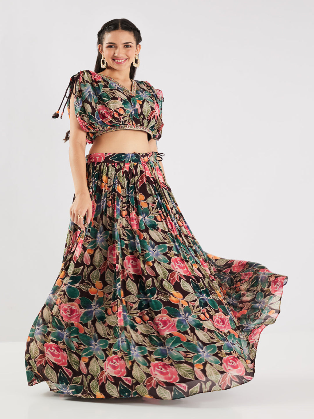 Neerus Brown georgette printed co-ord set - front view