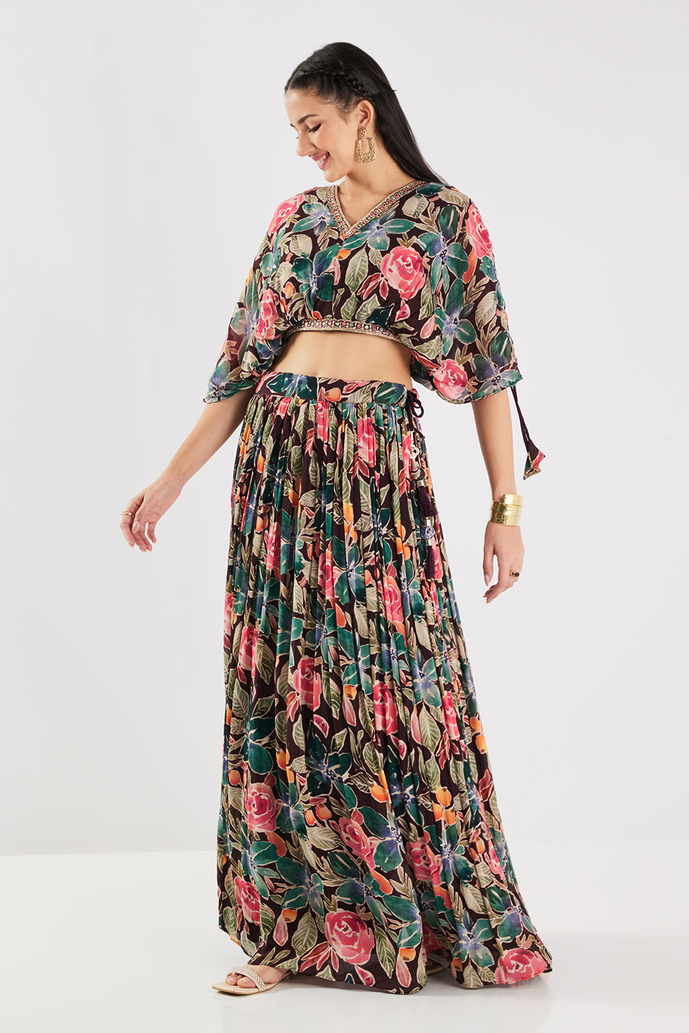 Neerus Brown georgette printed co-ord set - back view