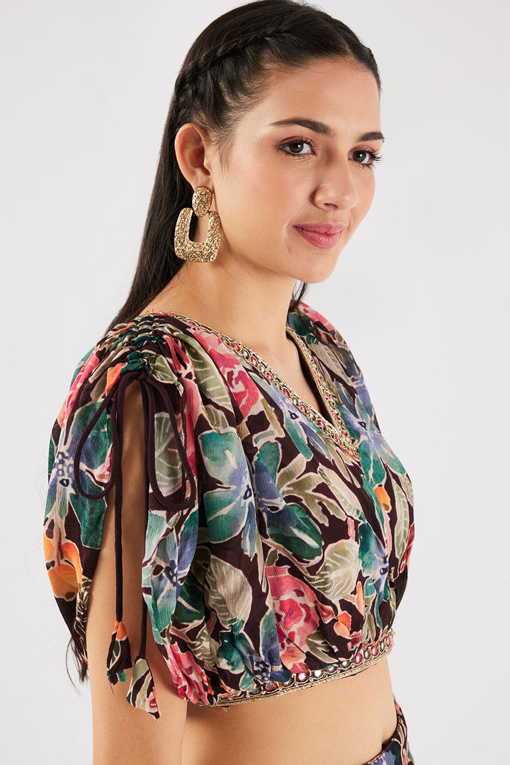 Neerus Brown georgette printed co-ord set - detail view 2