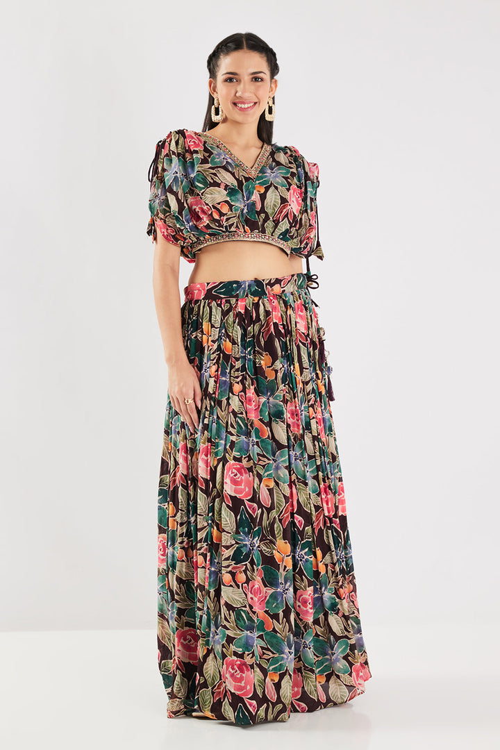 Neerus Brown georgette printed co-ord set - detail view 3