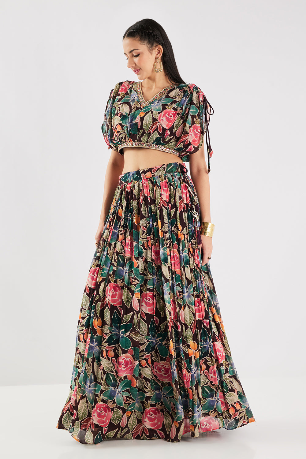 Neerus Brown georgette printed co-ord set - side view