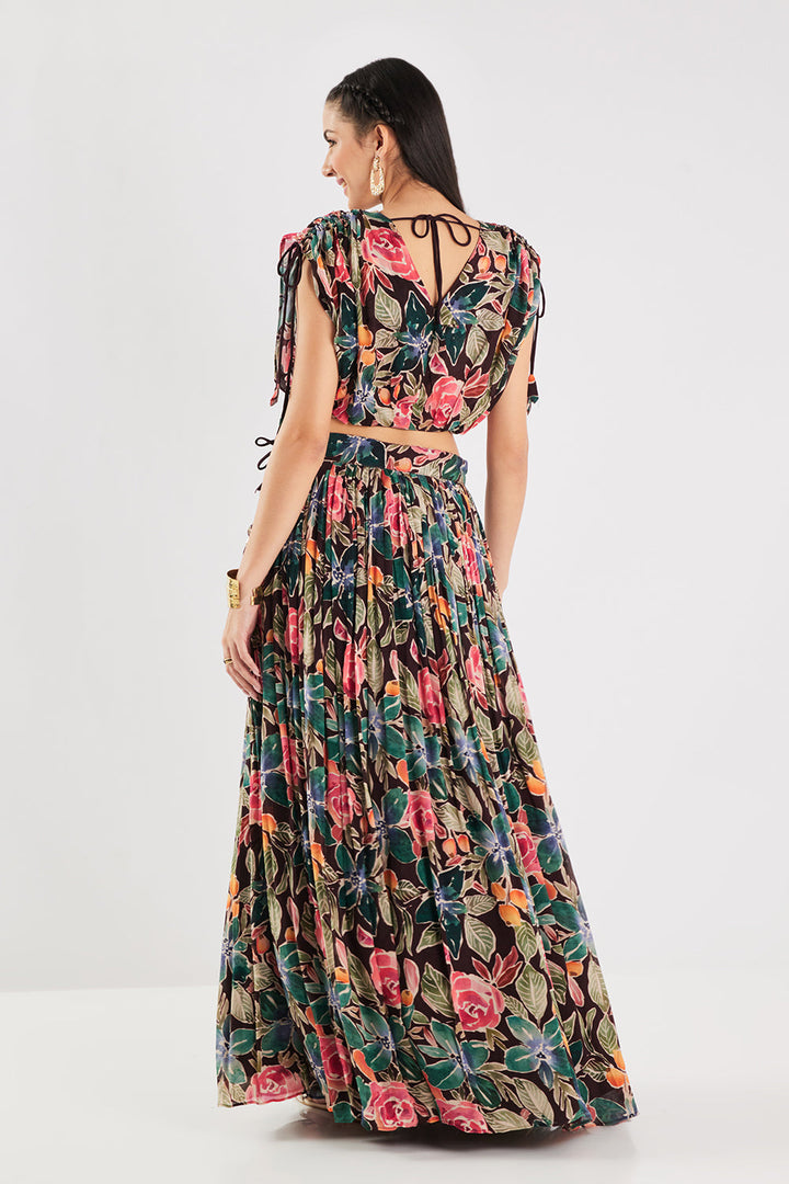 Neerus Brown georgette printed co-ord set - detail view 1