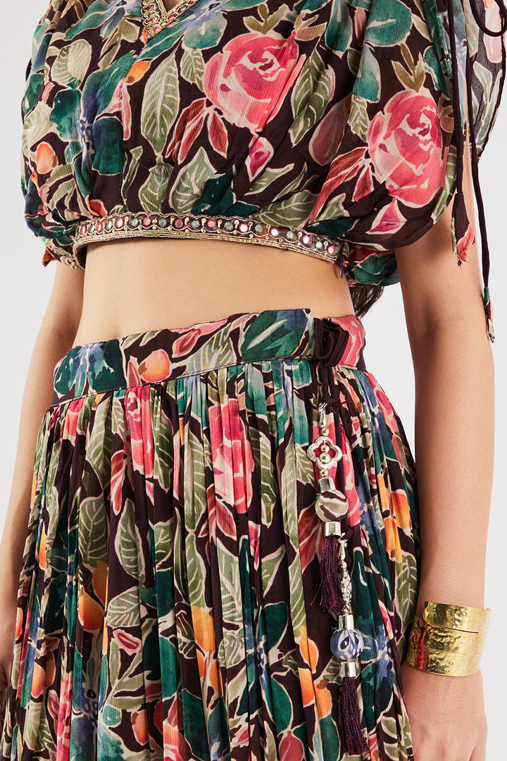 Neerus Brown georgette printed co-ord set - detail view 5