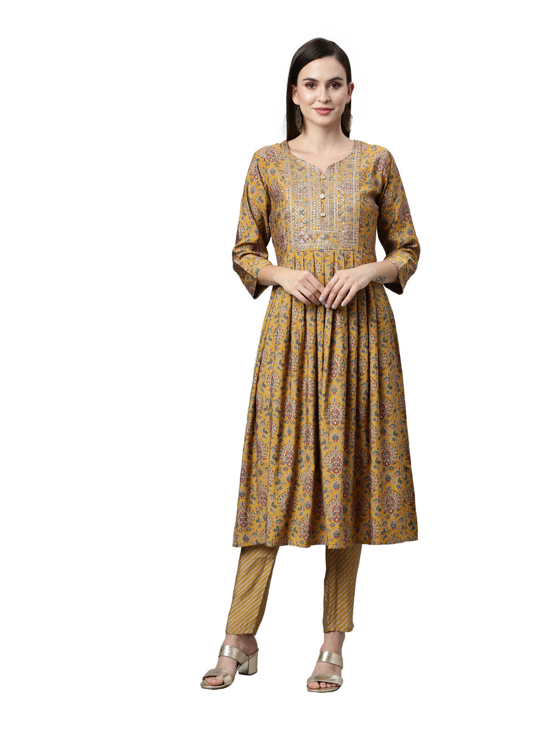 Neerus Yellow printed Anarkali kurta set - front view