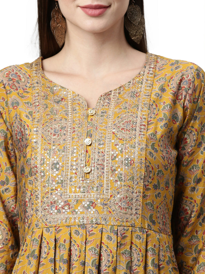 Neerus Yellow printed Anarkali kurta set - detail view 2