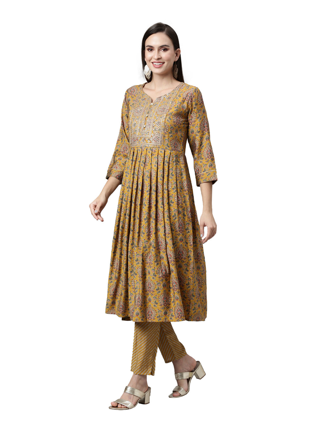 Neerus Yellow printed Anarkali kurta set - back view