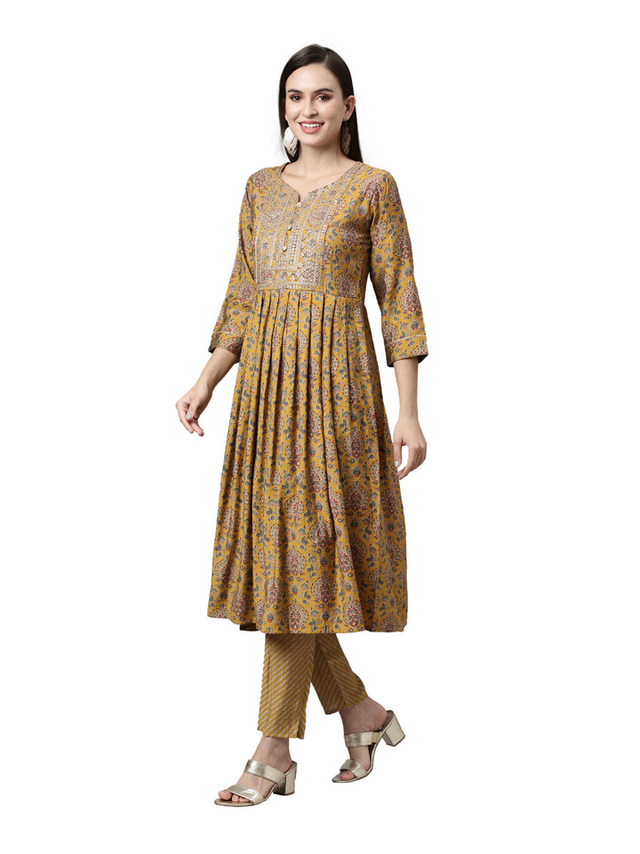 Neerus Yellow printed Anarkali kurta set - back view