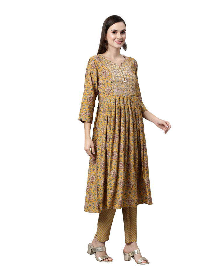 Neerus Yellow printed Anarkali kurta set - side view