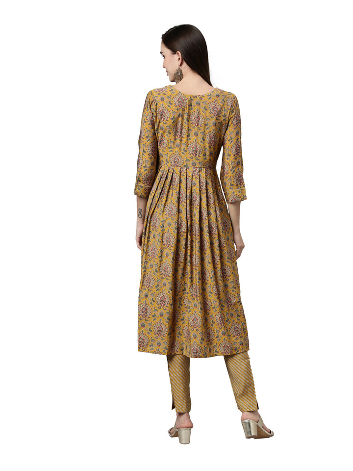 Neerus Yellow printed Anarkali kurta set - detail view 1
