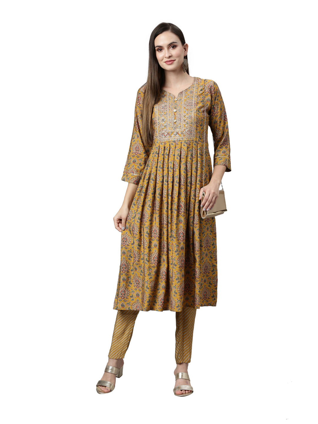 Neerus Yellow printed Anarkali kurta set - detail view 3
