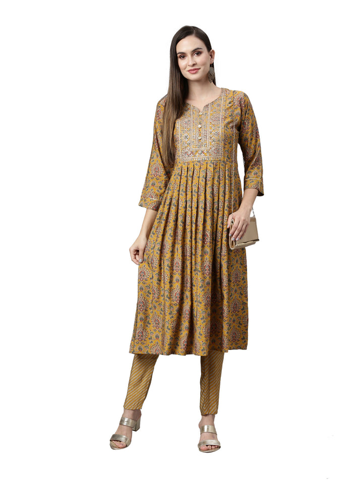 Neerus Yellow printed Anarkali kurta set - detail view 3