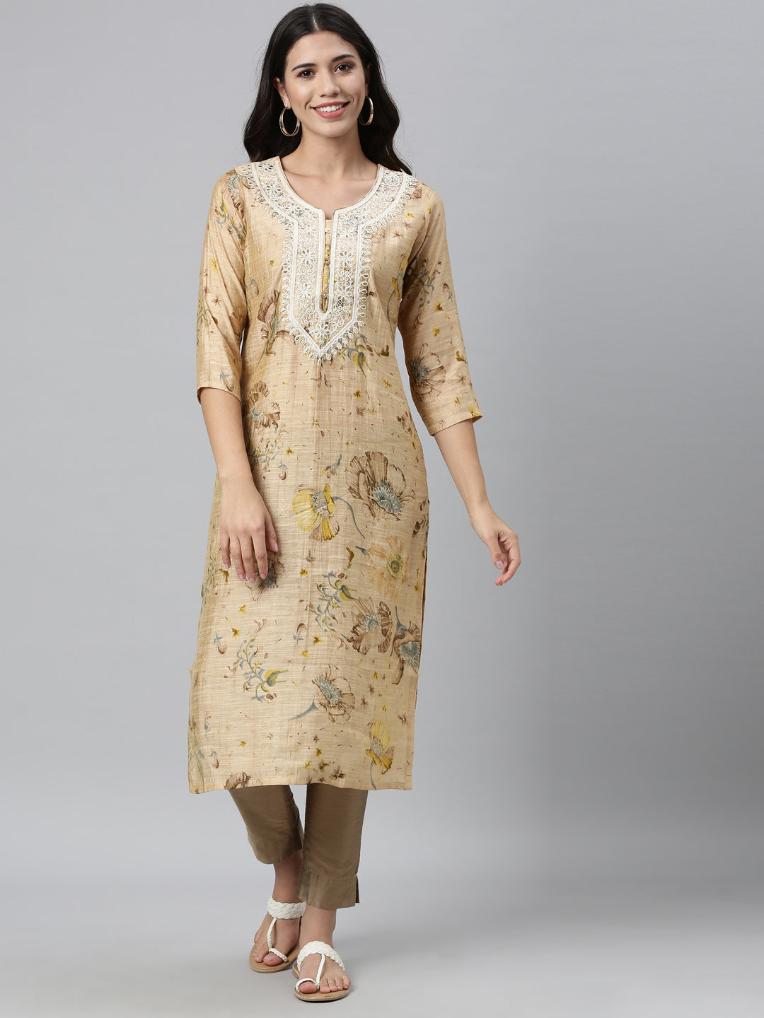 Neerus Beige silk thread embroidered kurta - detail view 4