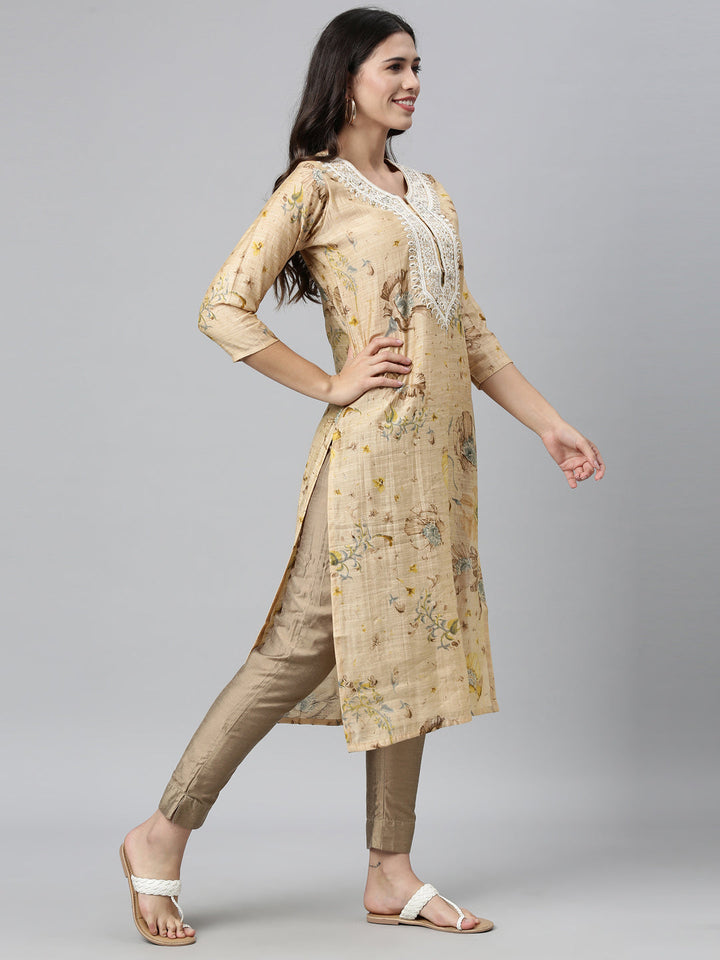 Neerus Beige silk thread embroidered kurta - front view