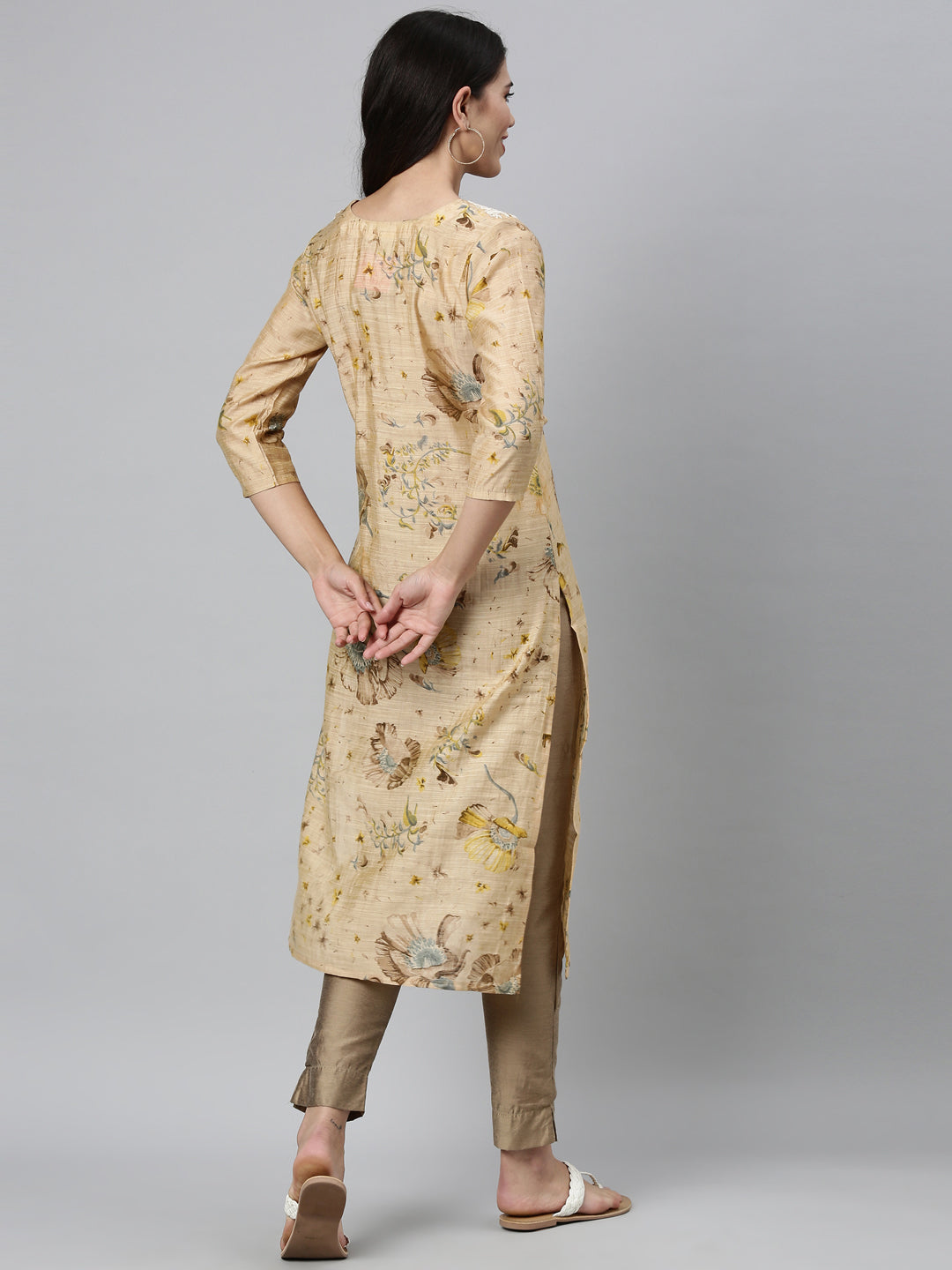 Neerus Beige silk thread embroidered kurta - back view