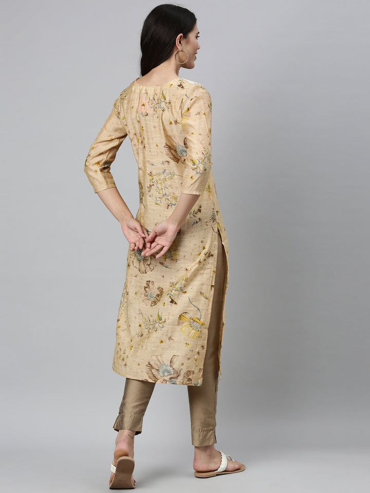 Neerus Beige silk thread embroidered kurta - back view